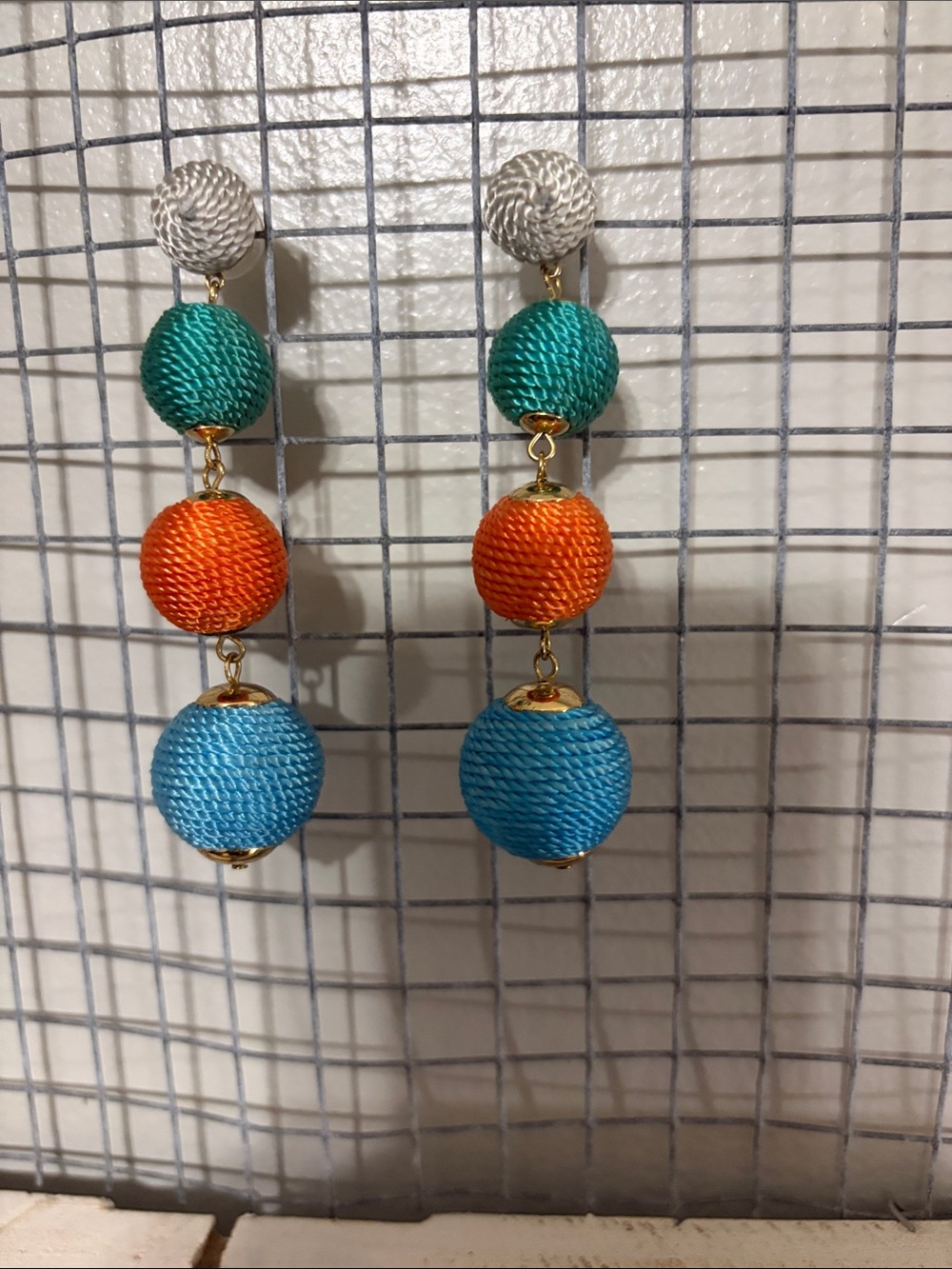 Colorful Triple Bead Drop Earrings - Blue, Orange & Green